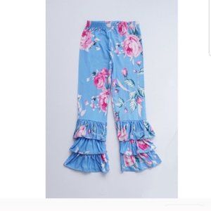 Blue Floral Print Ruffle Pants